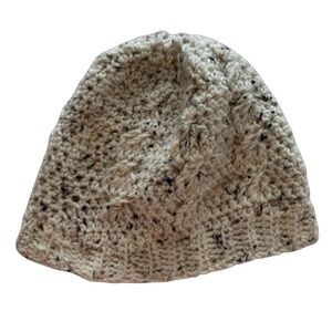 Hand knit winter hat. Light Tan with Dark Brown flecks. OS. Cableknit pattern.